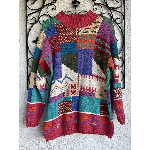 90’s IVY Hand Knit Patchwork Color Block  Sweater- Size Medium - Multicolored - Picture 1 of 9